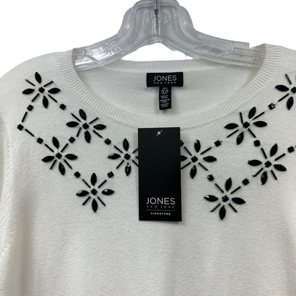 Jones New York Long Sleeve Round Neck HolidayWhite Sweater, Black Rhinestones, S - Picture 5 of 10